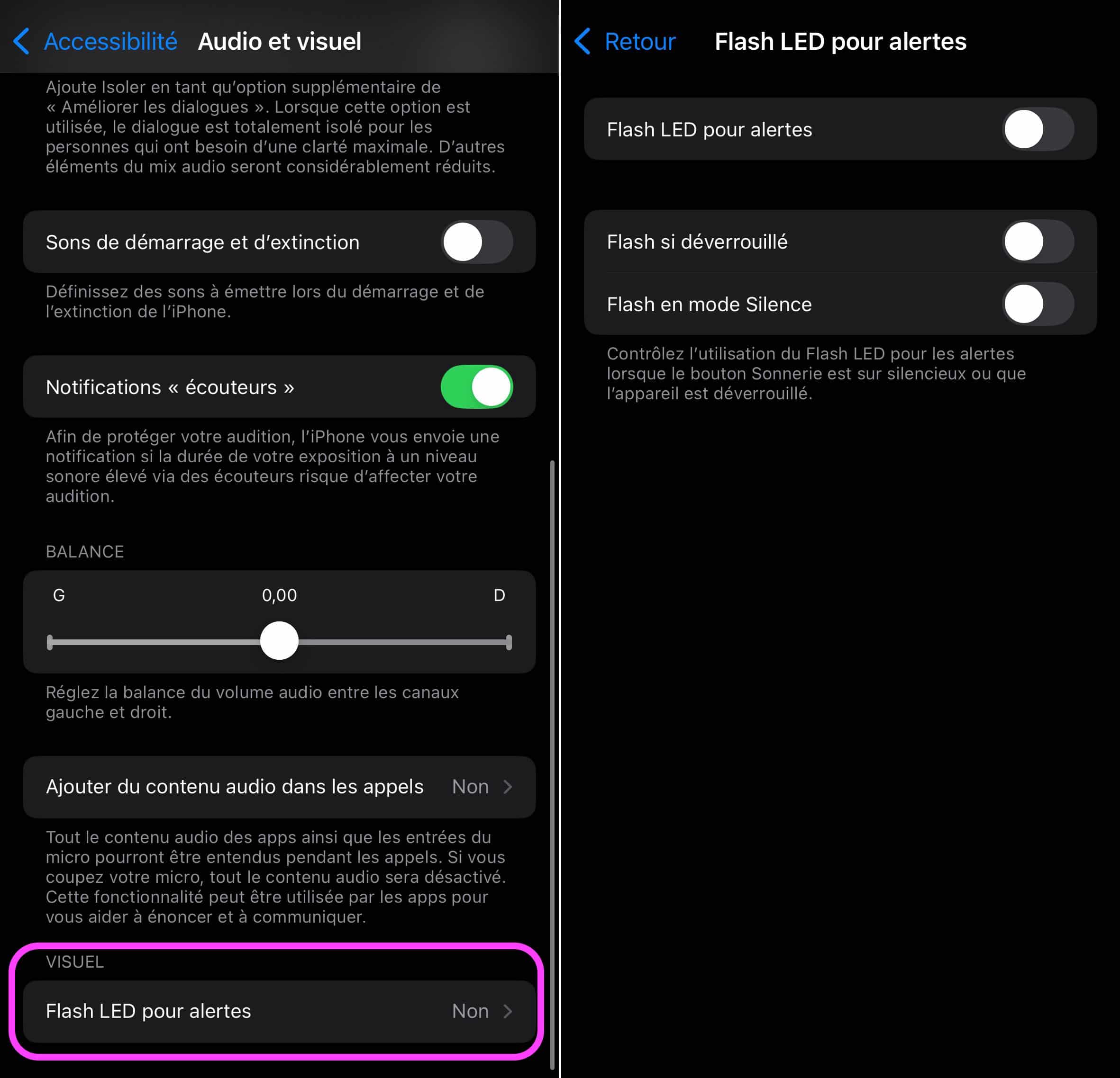 Flash LED alertes activation