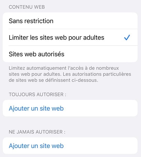 limiter sites adultes iphone