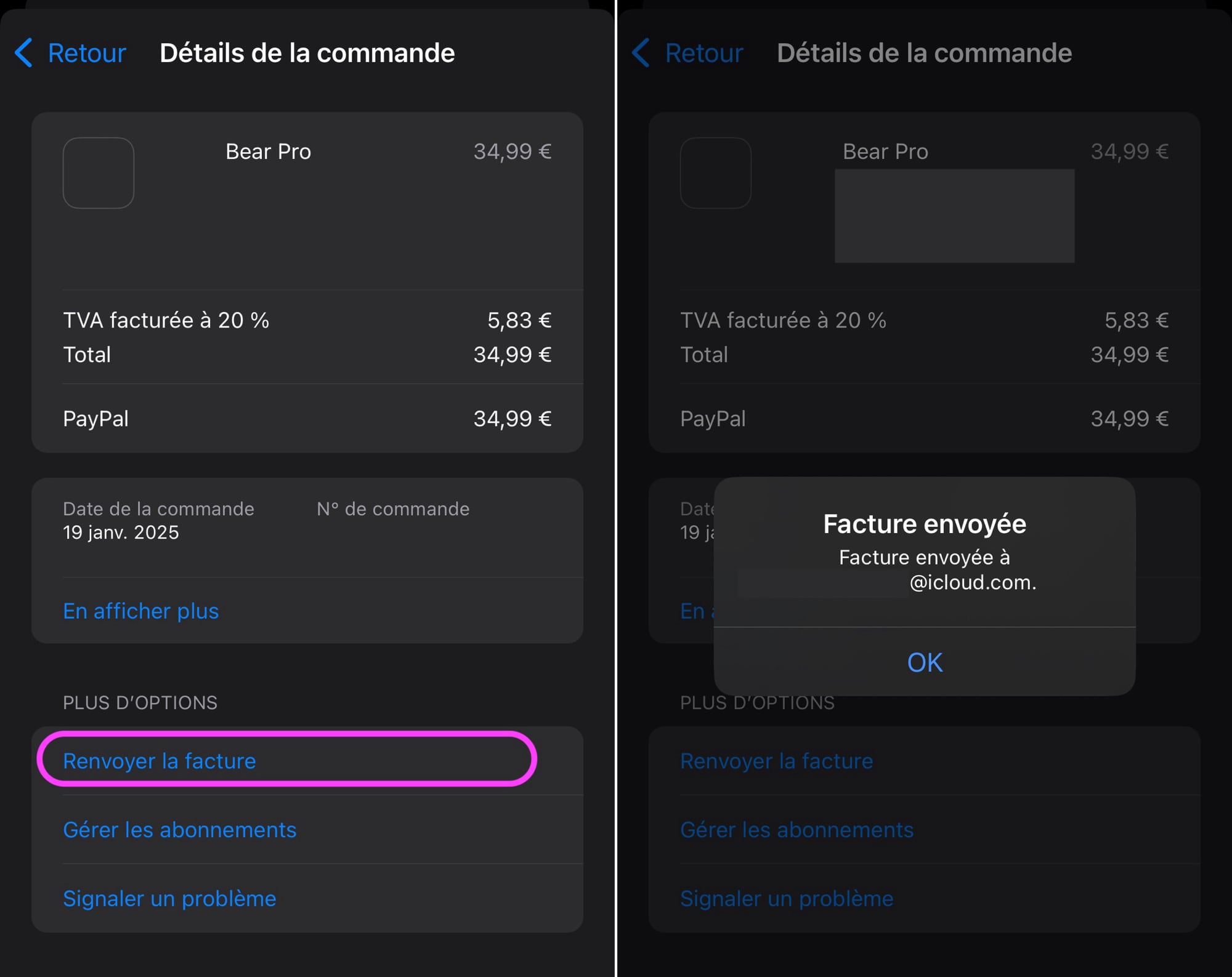 App Store historique apps renvoyer facture