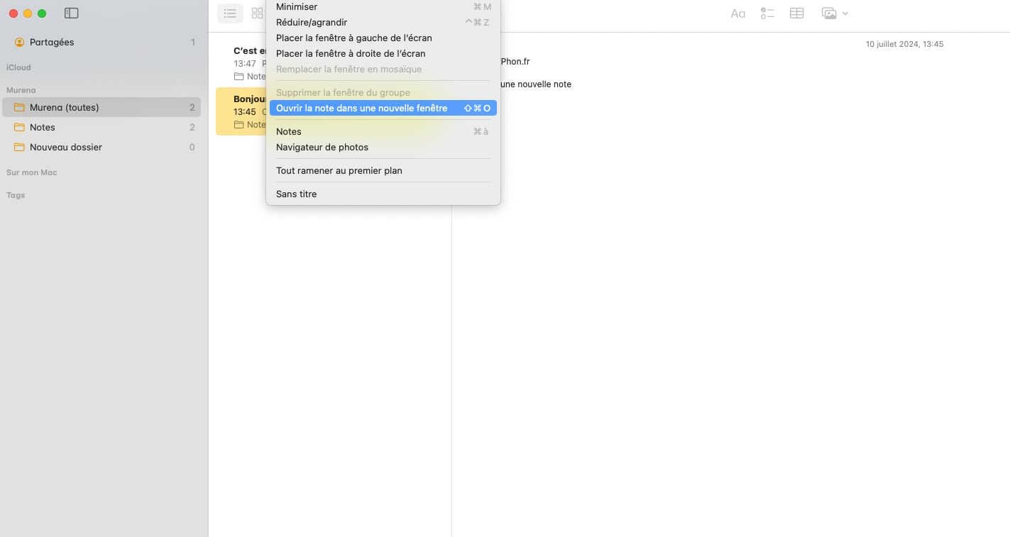 Apple Notes Mac nouvelle fenêtre