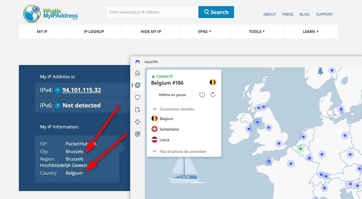 Vérification obtention IP belge NordVPN