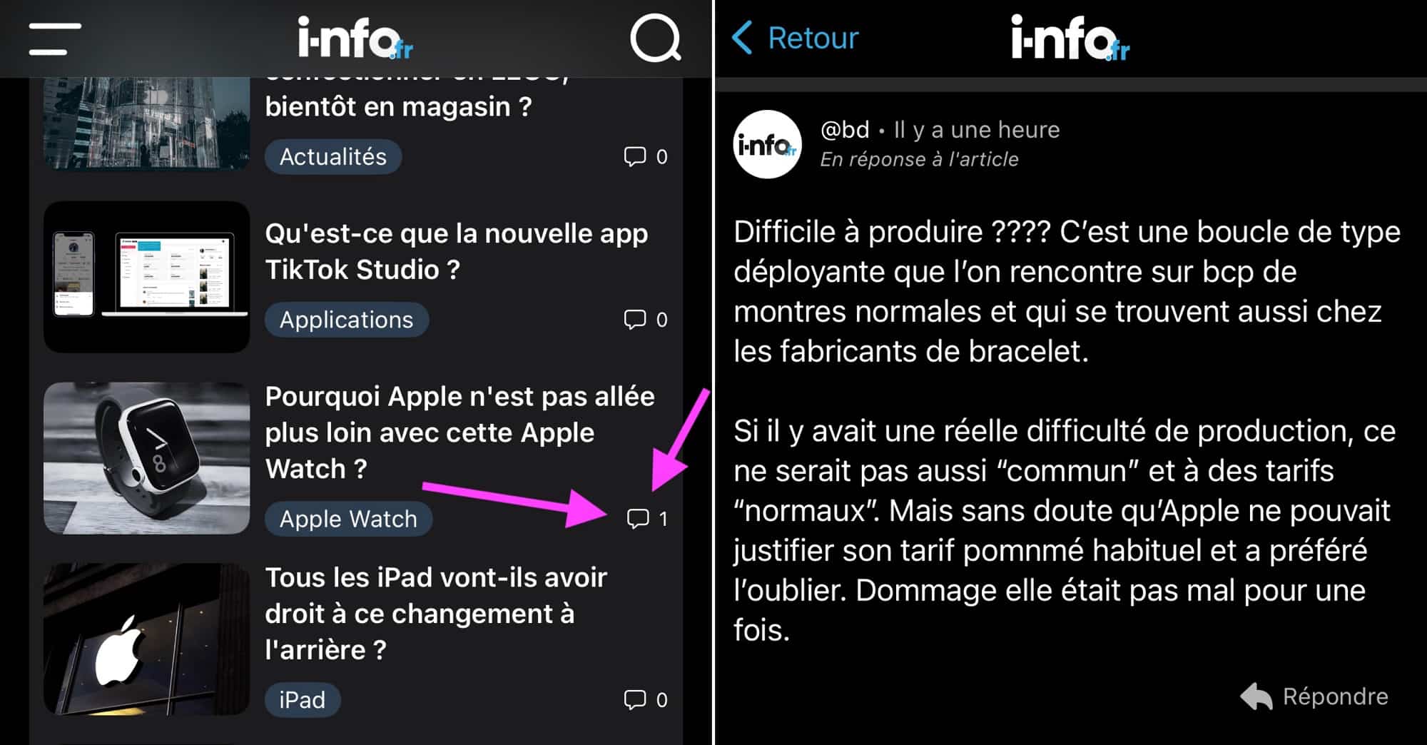 App i-nfo.fr accès commentaires