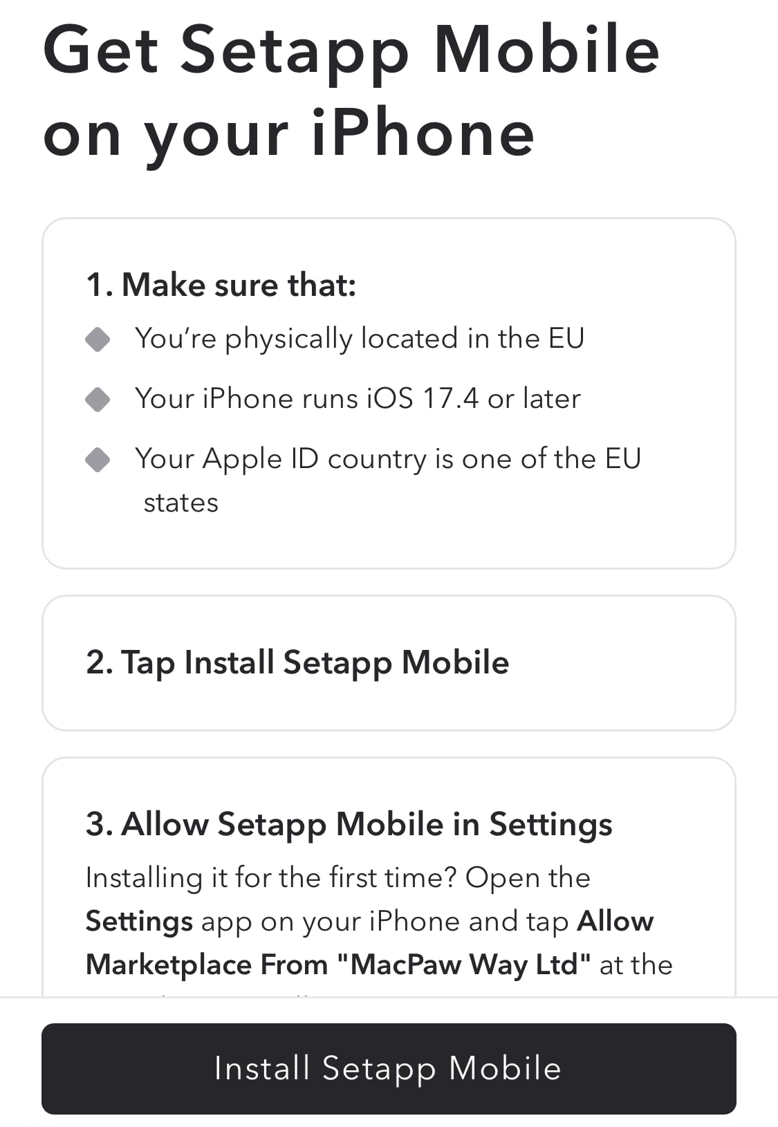 Installation Setapp Mobile