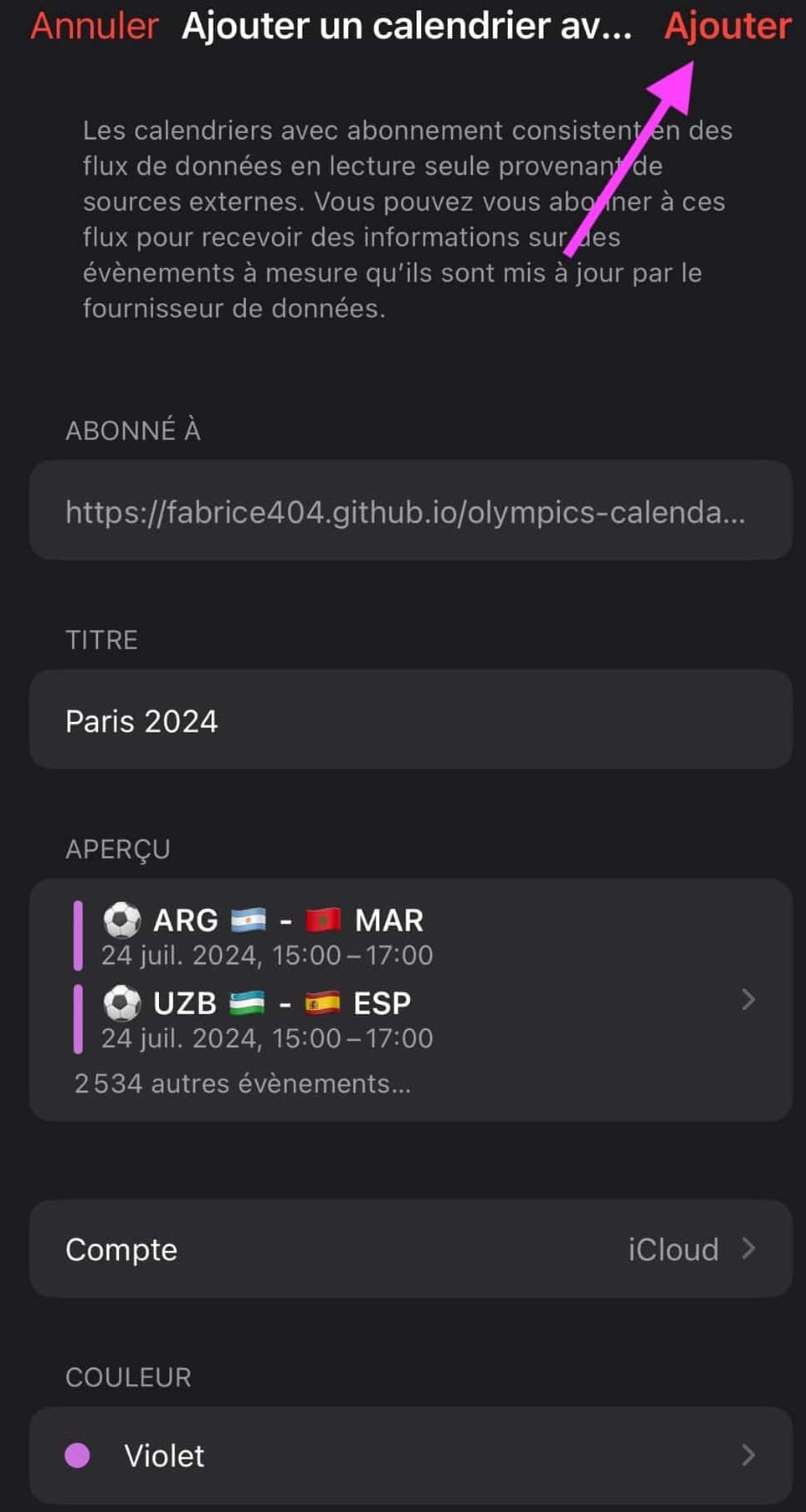 Calendrier JO Paris 2024 iPhone
