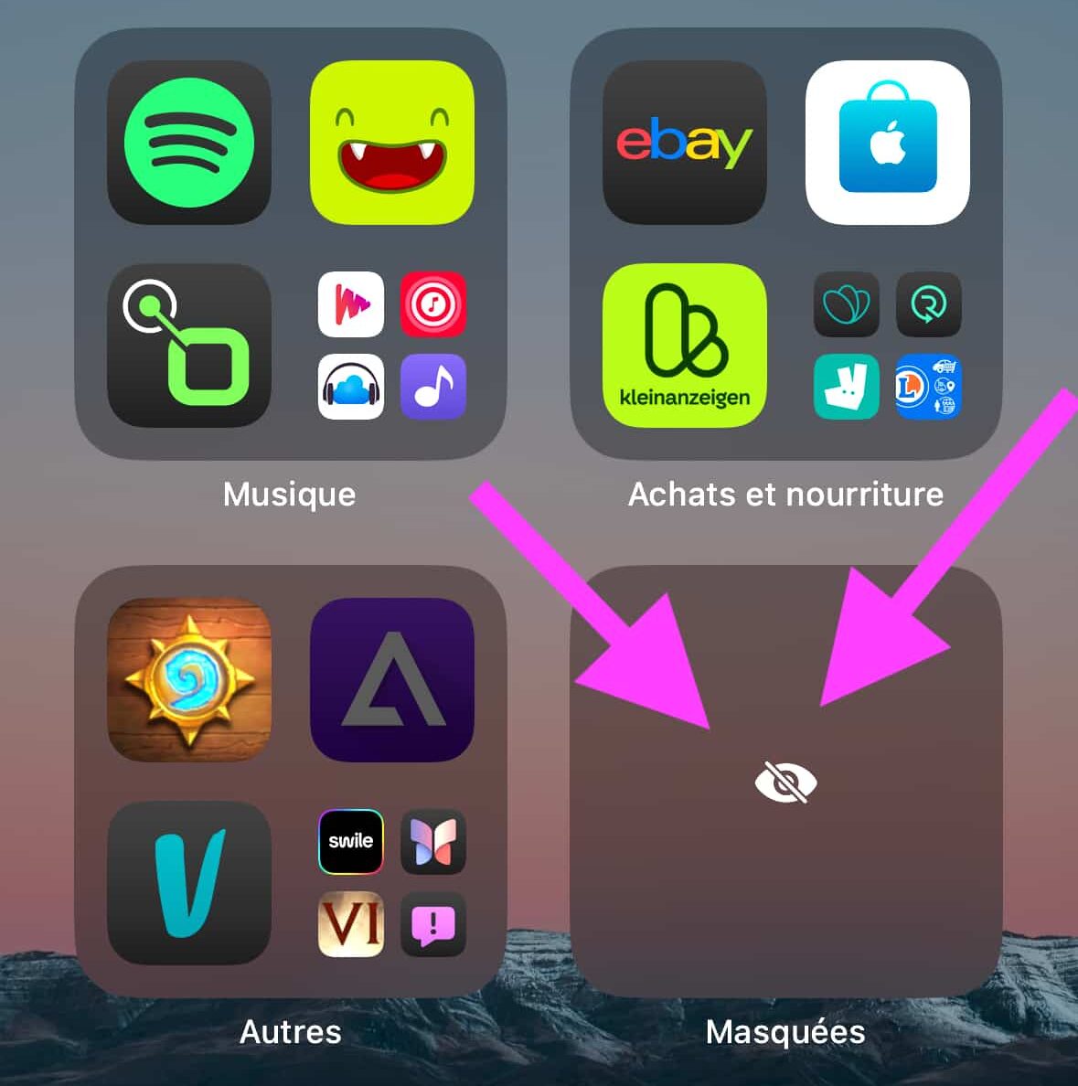 Dossier apps masquées dans la bibliothèque d'apps