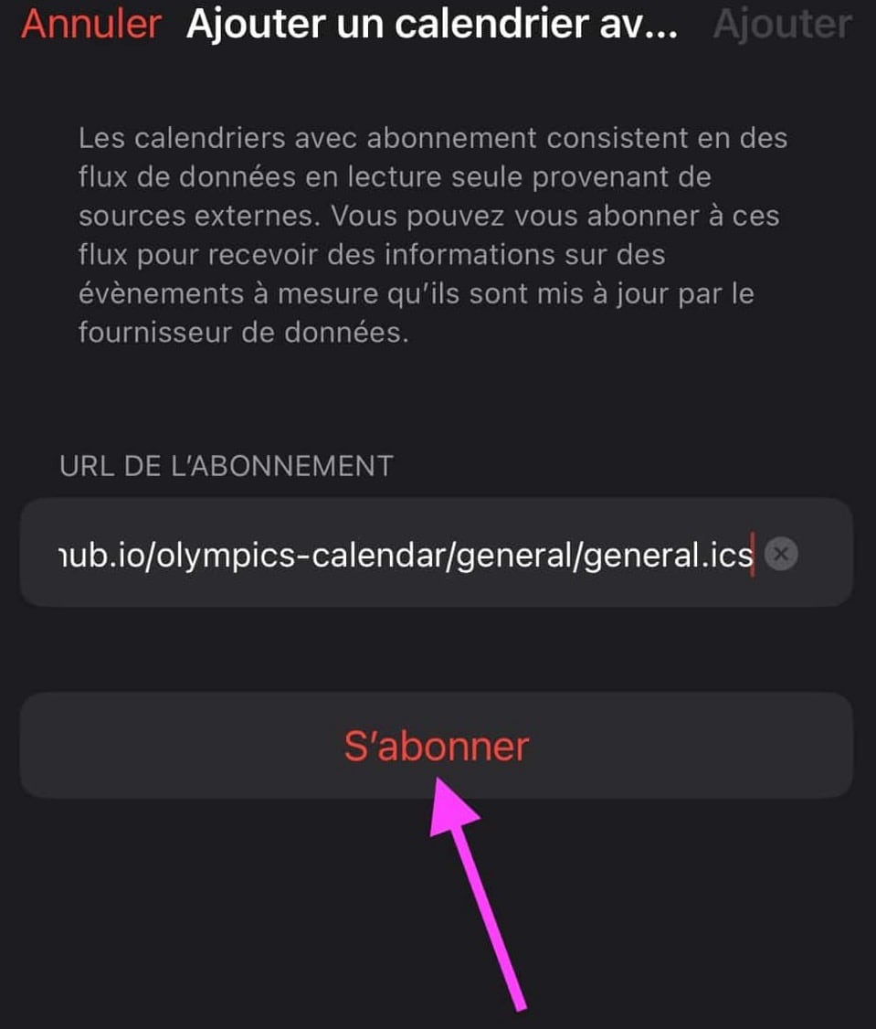 Réglages calendrier JO Paris 2024 iPhone