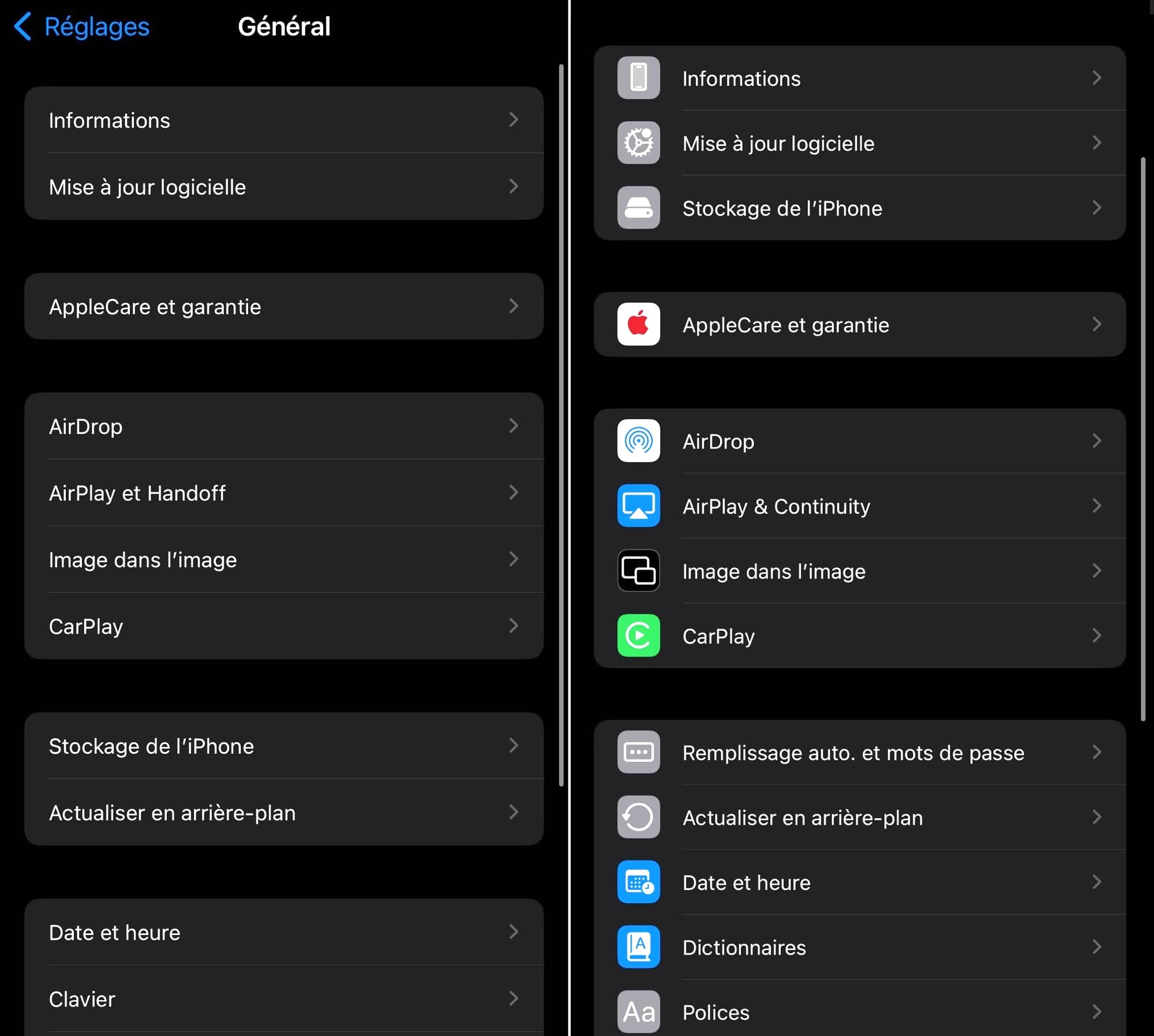 Réglages iOS 17 vs iOS 18