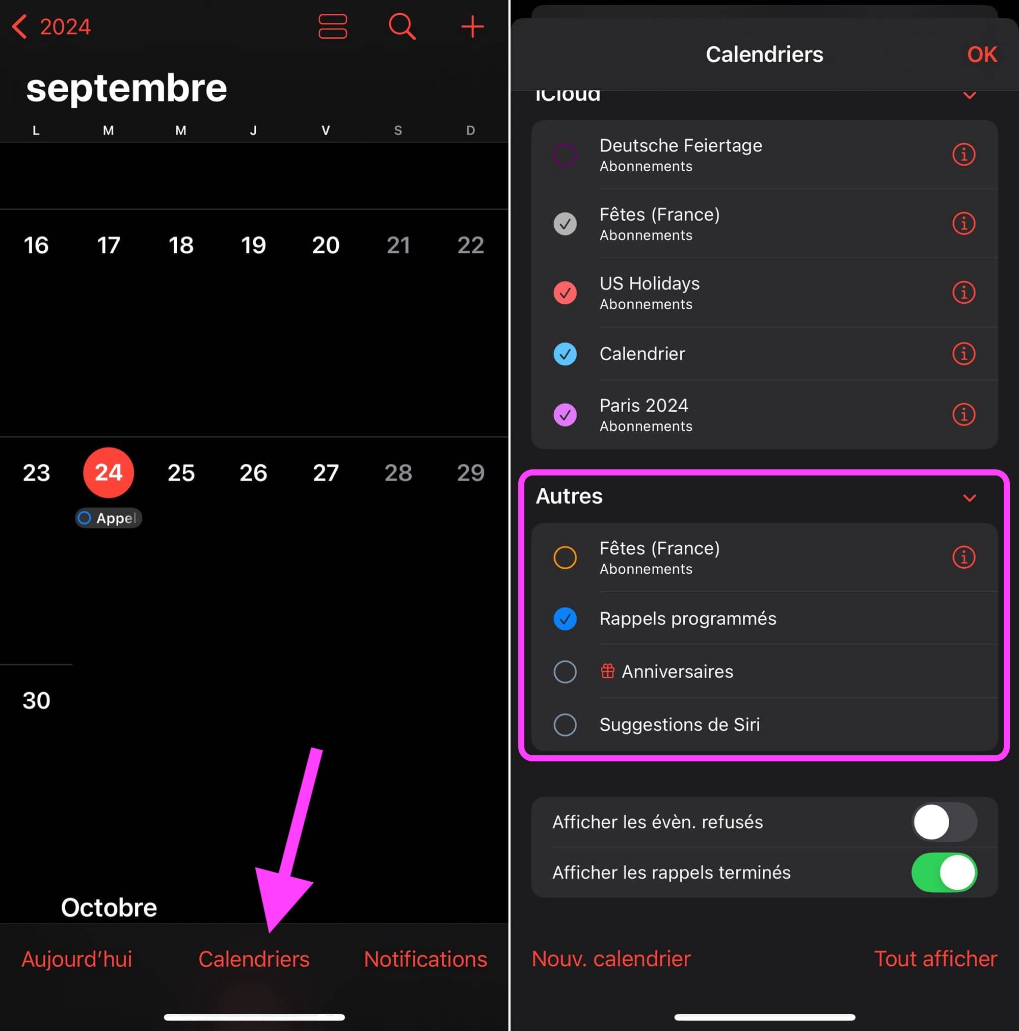 iOS 18 options rappels dans calendrier