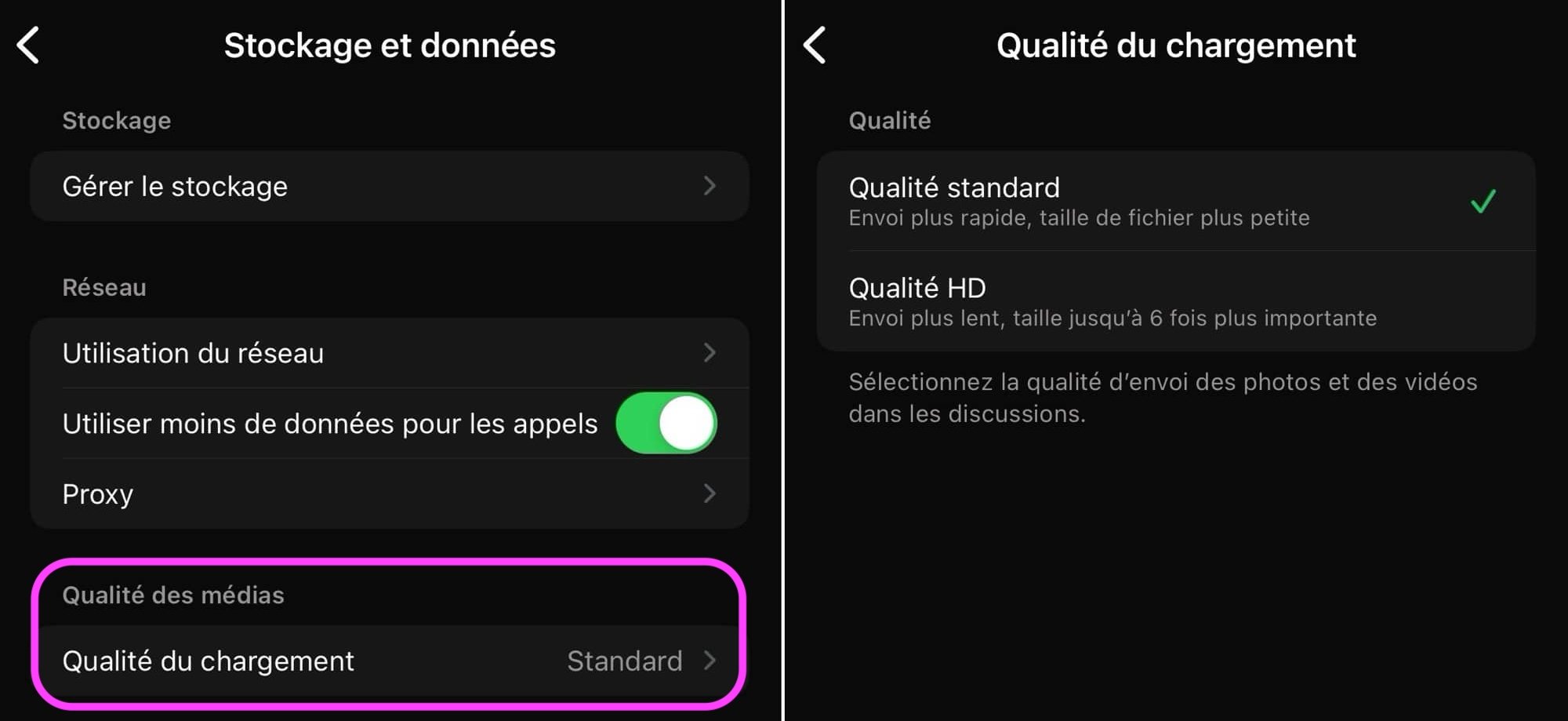 WhatsApp qualité envoi médias