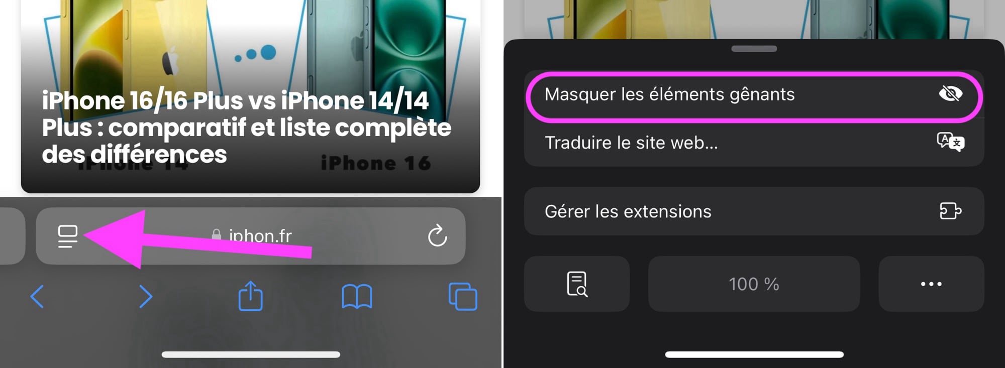 iOS 18 Safari Masquer les éléments gênants