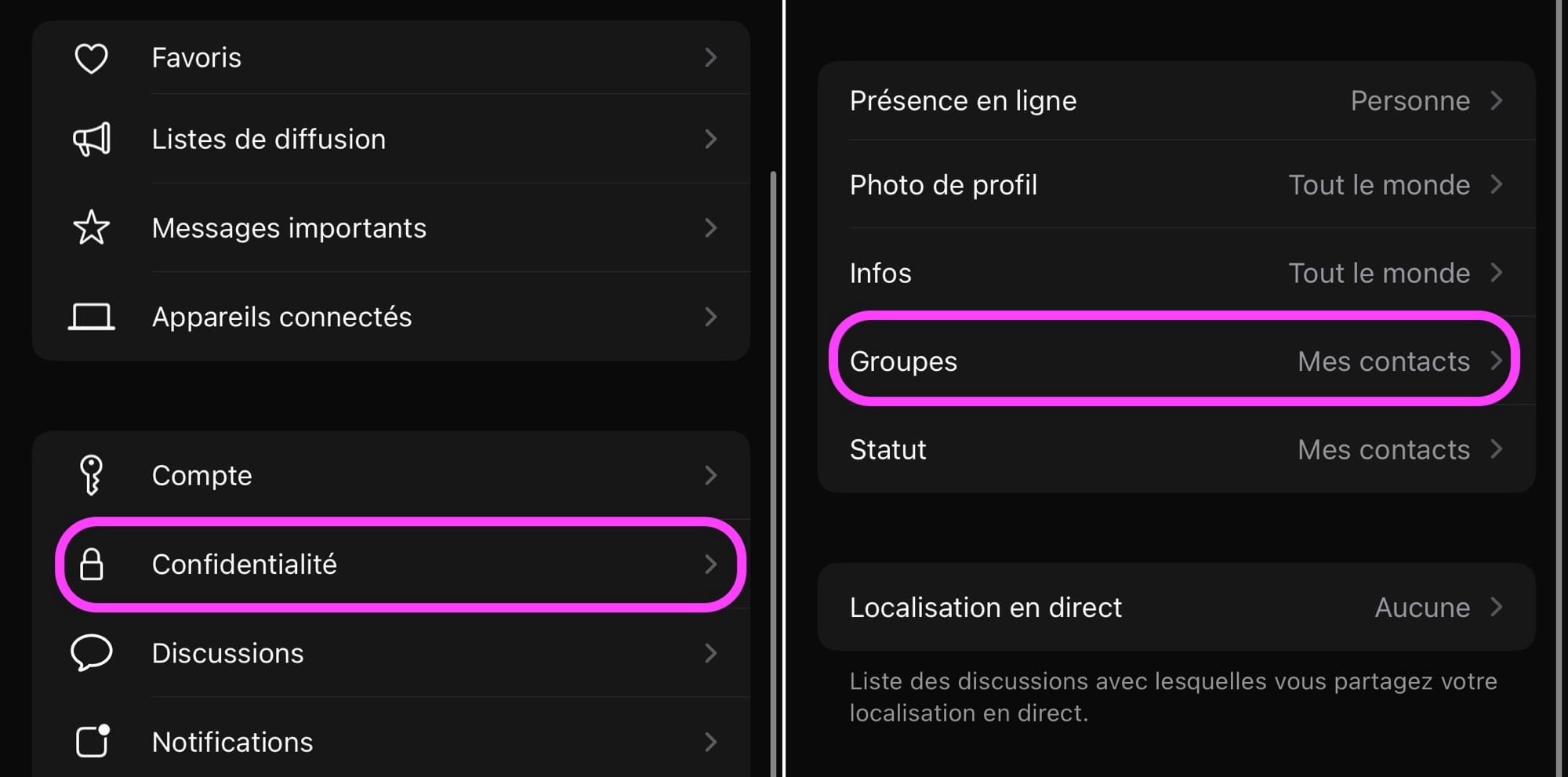 WhatsApp réglages groupes