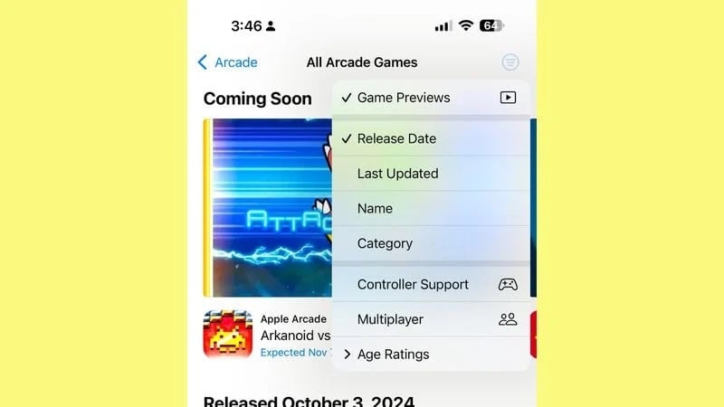 iOS 18.2 Apple Arcade catégorisation