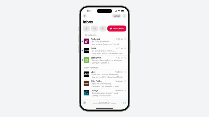 iOS 18.2 Mail catégorisation